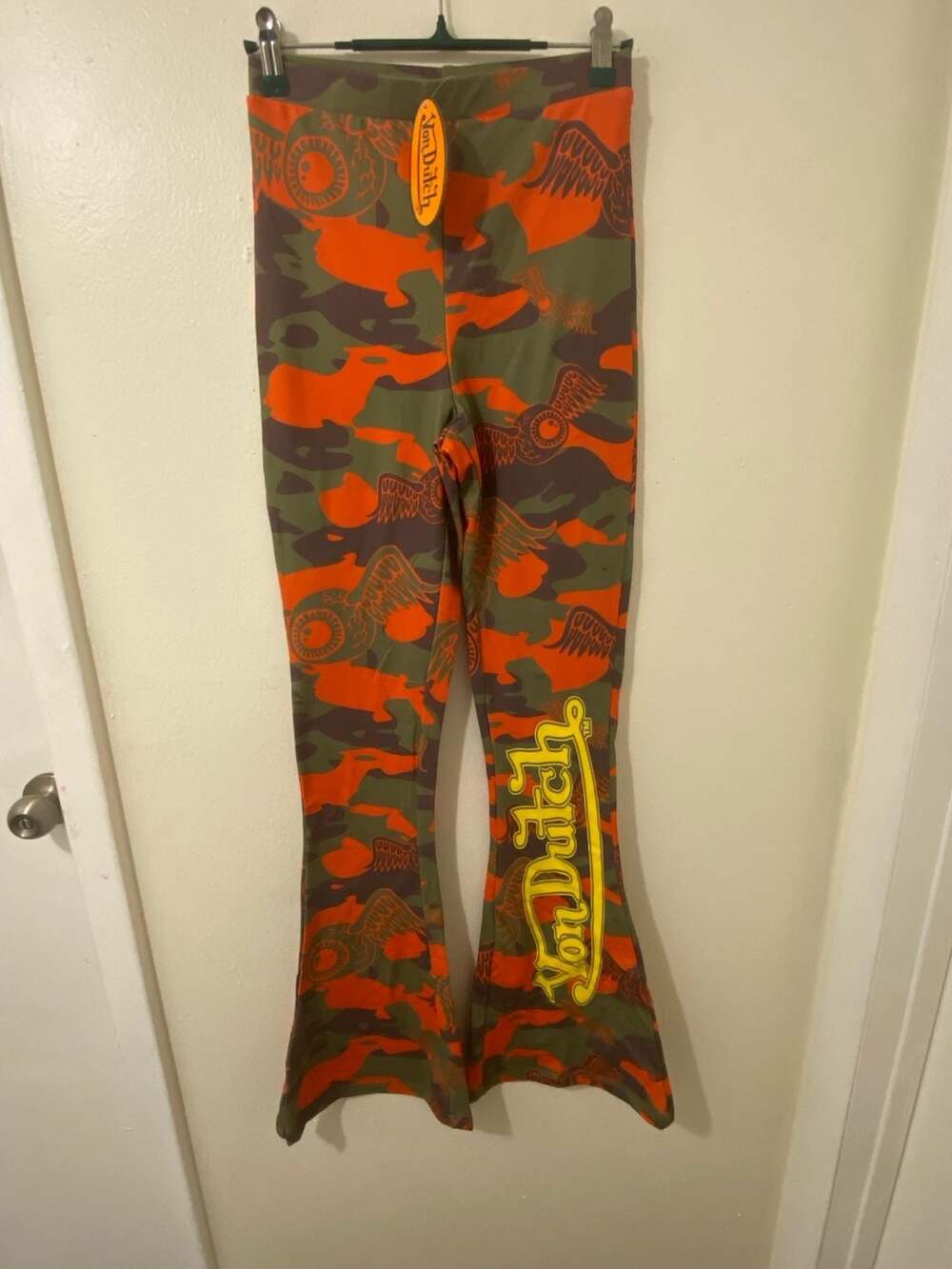 Von Dutch Orange and Green Camo Print Flare Pants